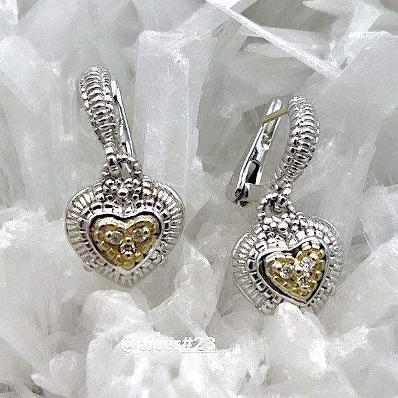 Judith Ripka Sterling Silver 18K Gold JR TWO Diamond Heart Romance Drop Earrings - Picture 1 of 10